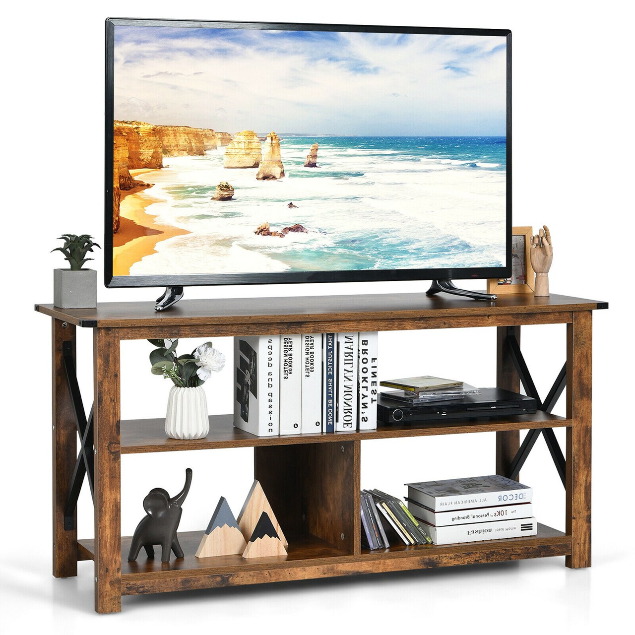 Costway TV Stand for Up to 55" TVs Entertainment Center with 3-Tier Storage Shelves & Cable Hole Black/White